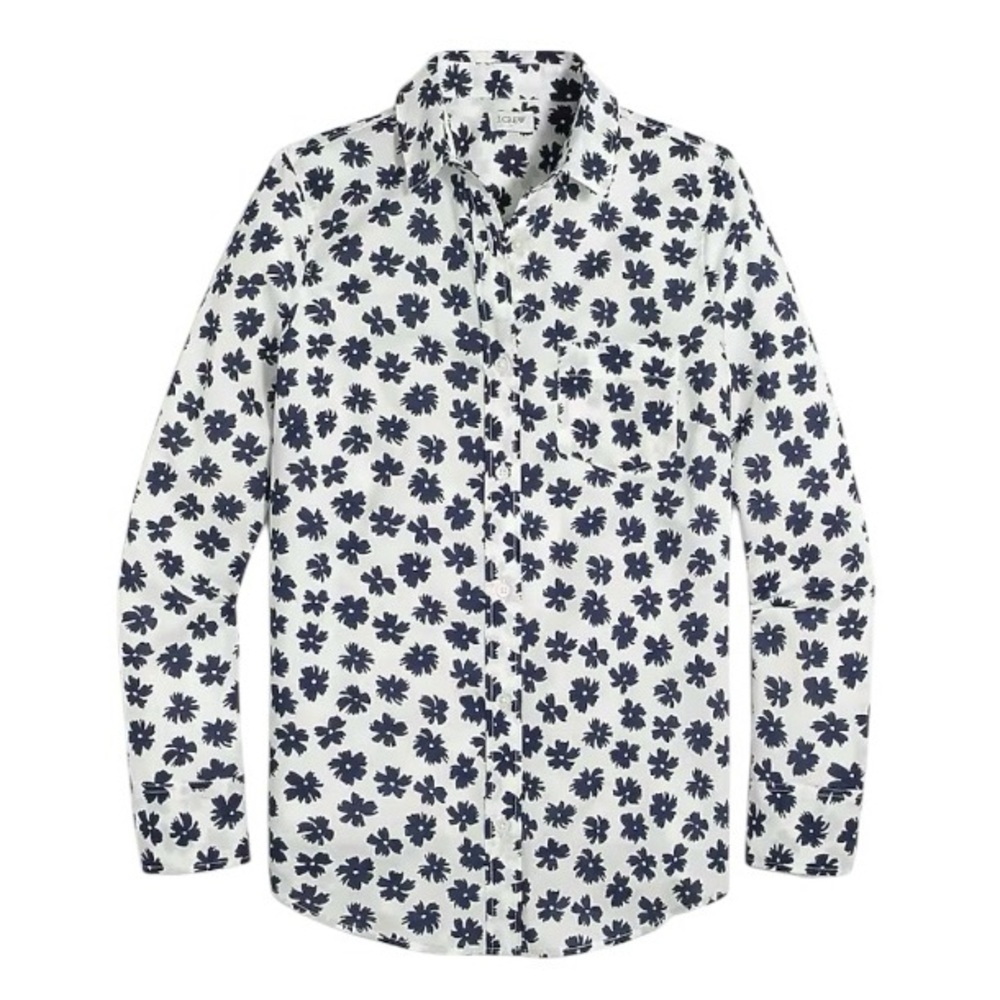 J. Crew Factory Women’s Button-Up Shirt Medium White Navy Floral Print Cotton